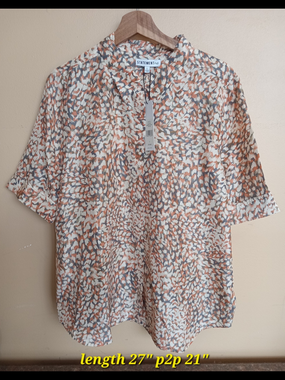 NYDJ Short-Sleeve Abstract Print Shirt in Orange, Cream & Gray